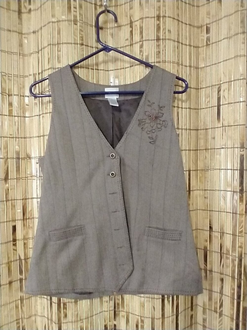 Chico's Embroidered Pinstripe Tailored Vest Size 1 Medium Brown Suit Waistcoat
